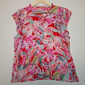 Sunny Leigh Tropical Floral Ruffle Sleeve Button Down Blouse Red Pink XL
